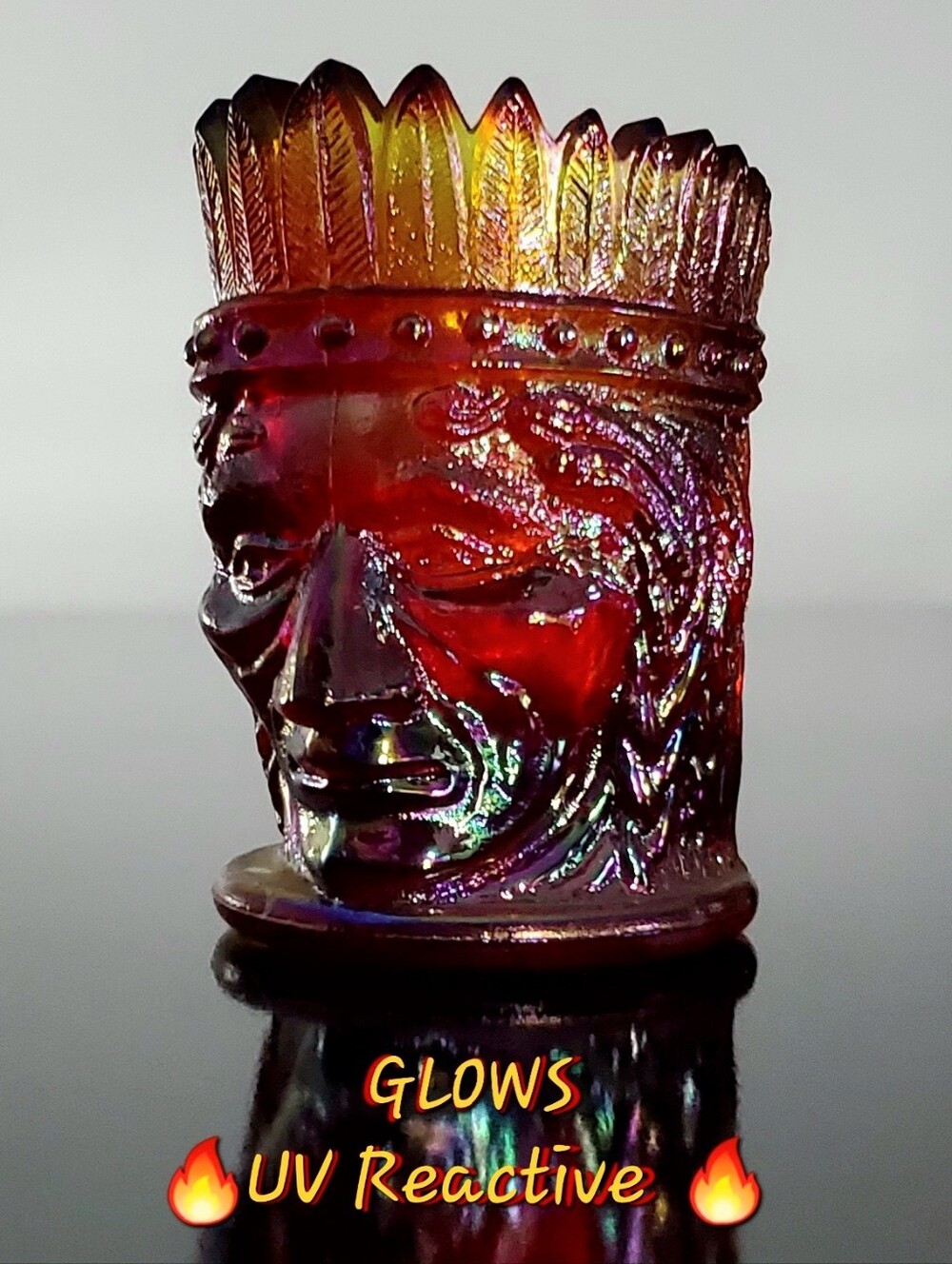 Joe St. Clair Cadmium Carnival Glass Ruby Amberina Indian Head Toothpick Candle